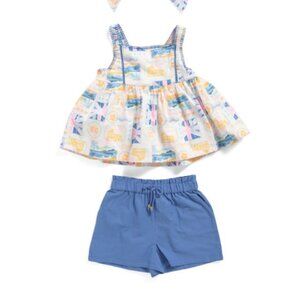 NWT HAUTE HIPPIE STYLE Girls Linen Blend Postcard Printed Tank Shorts Set w Bow